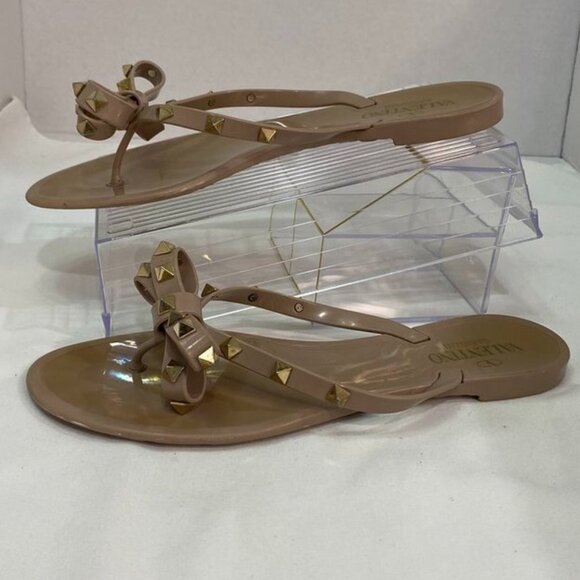 Valentino Garavani Rockstud Bow Jelly Thong Flip Flop Sandals Nude Beige 39 - Picture 3 of 15